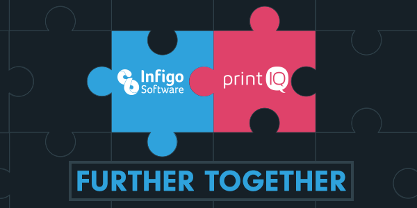 Puzzle pieces with Infigo Software and printIQ logos inside, representing partnership and integration